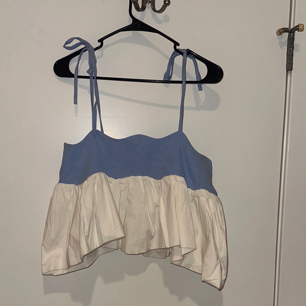 Sixxta Tie-Shoulder Blue and White Ruffle Tank Top